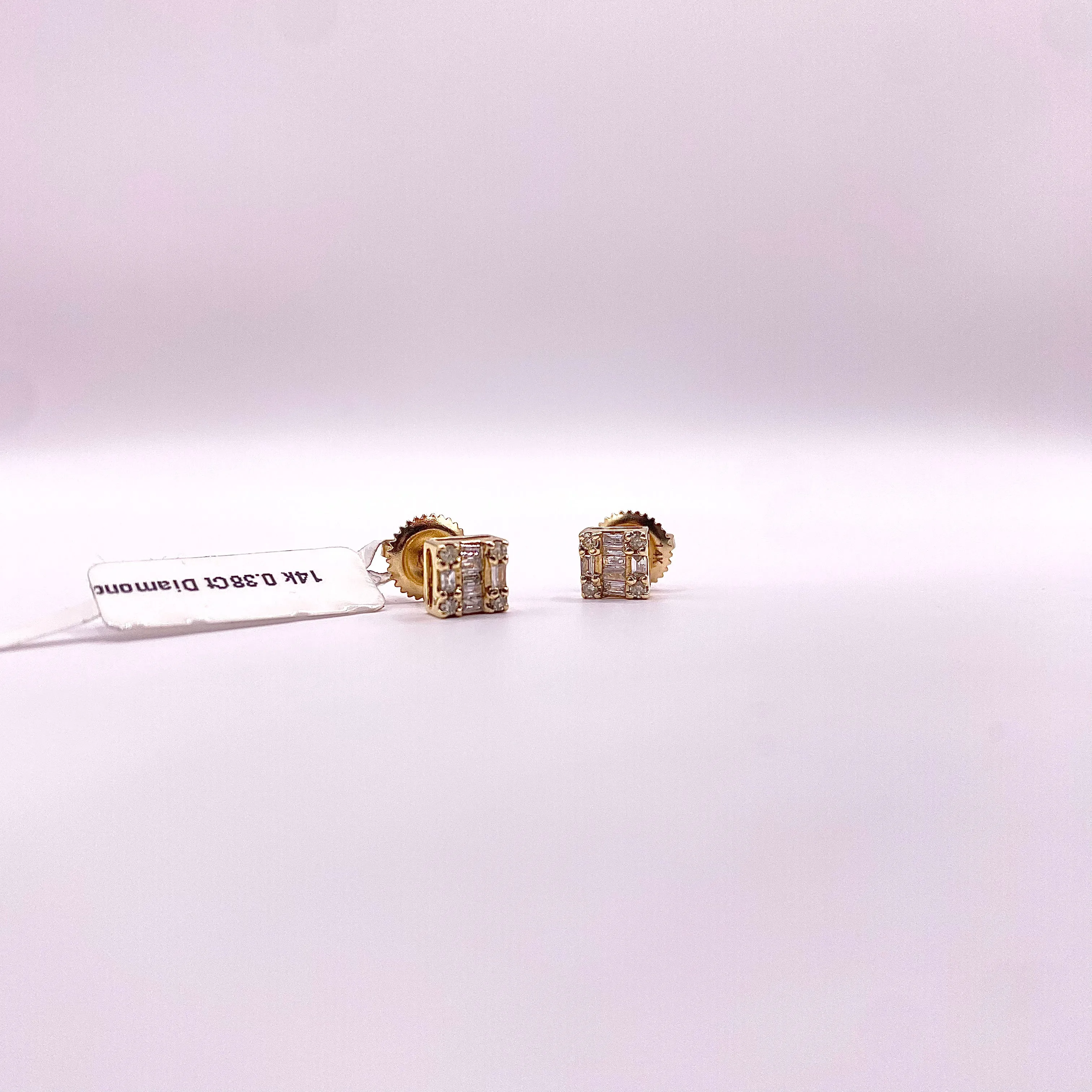 14K Yellow Gold Diamond Square Stud Earrings 0.38Ct / 1.4gr