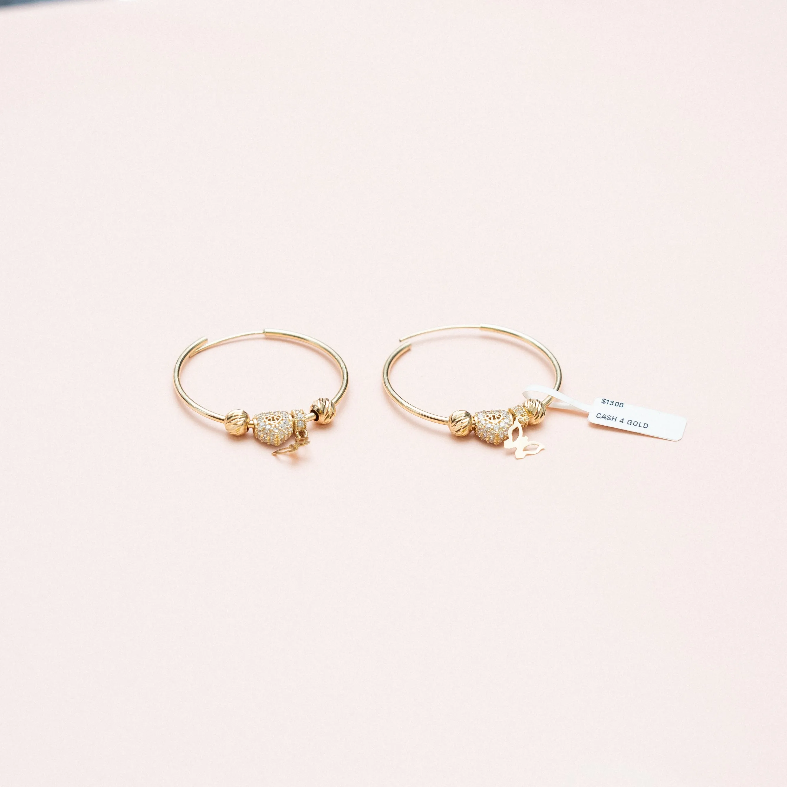 14K Yellow Gold Hoop With Charms Hoop Earrings With Diamond / 6.5gr