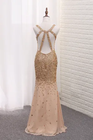 2024 Luxury Mermaid Chiffon Beaded Bodice Straps Prom Dresses With Slit Crossed Back