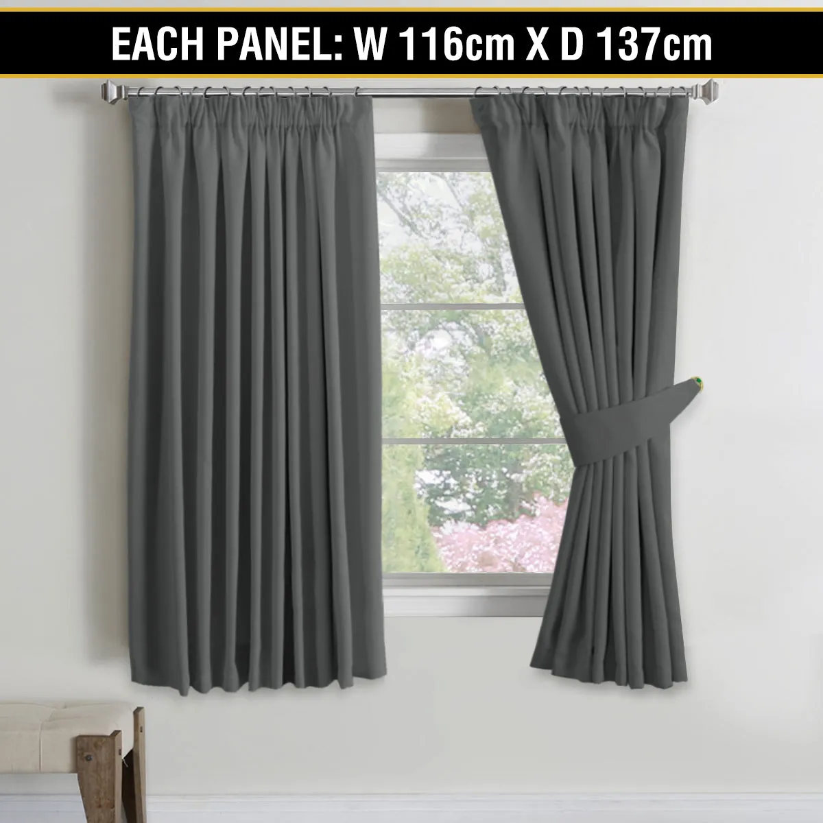 2x Blockout Curtains Blackout Curtain Pair Pencil Pleat Draperies with Tie Backs