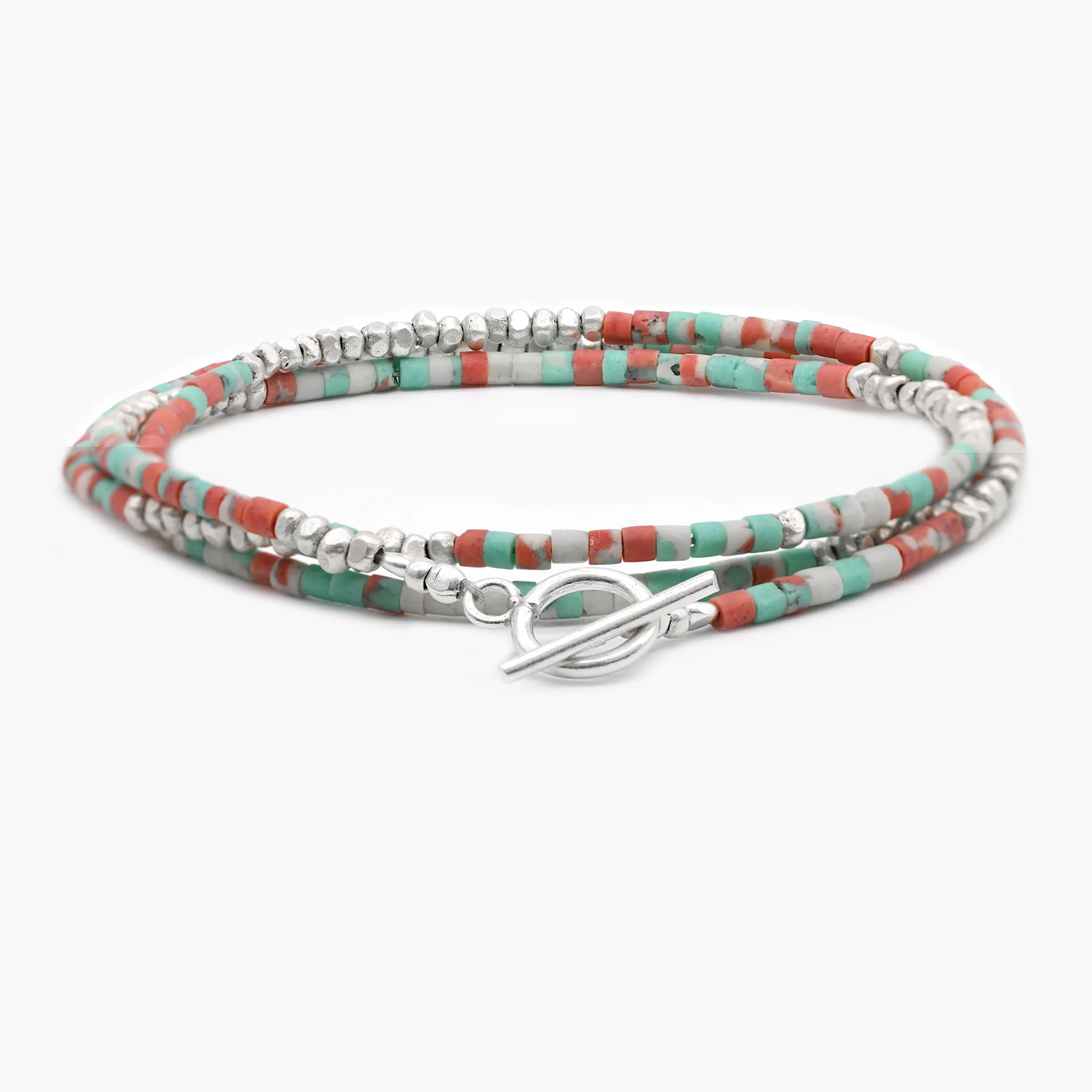 3 Laps Bracelet With Afghani And Sterling Silver Beads