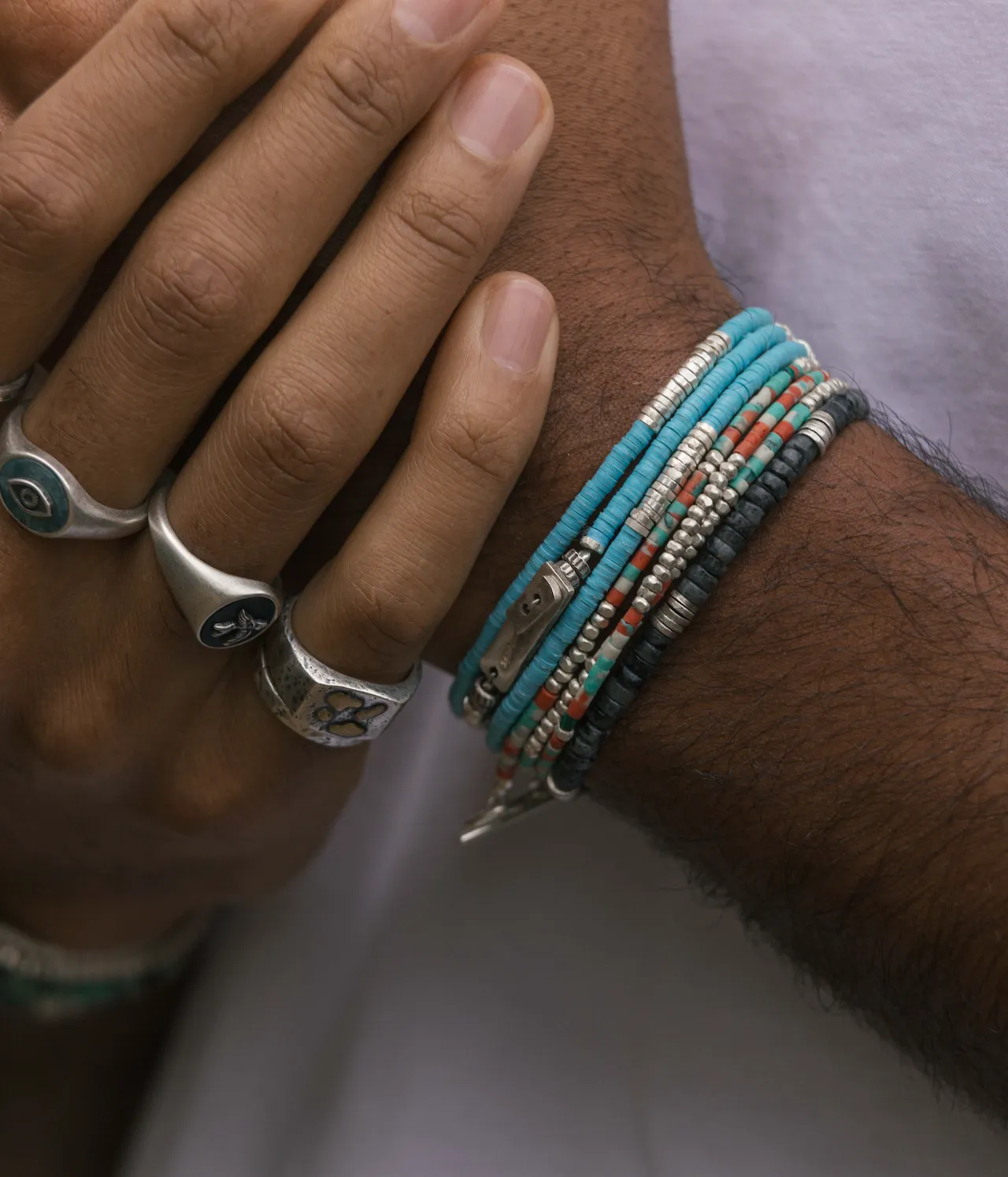 3 Laps Bracelet With Afghani And Sterling Silver Beads