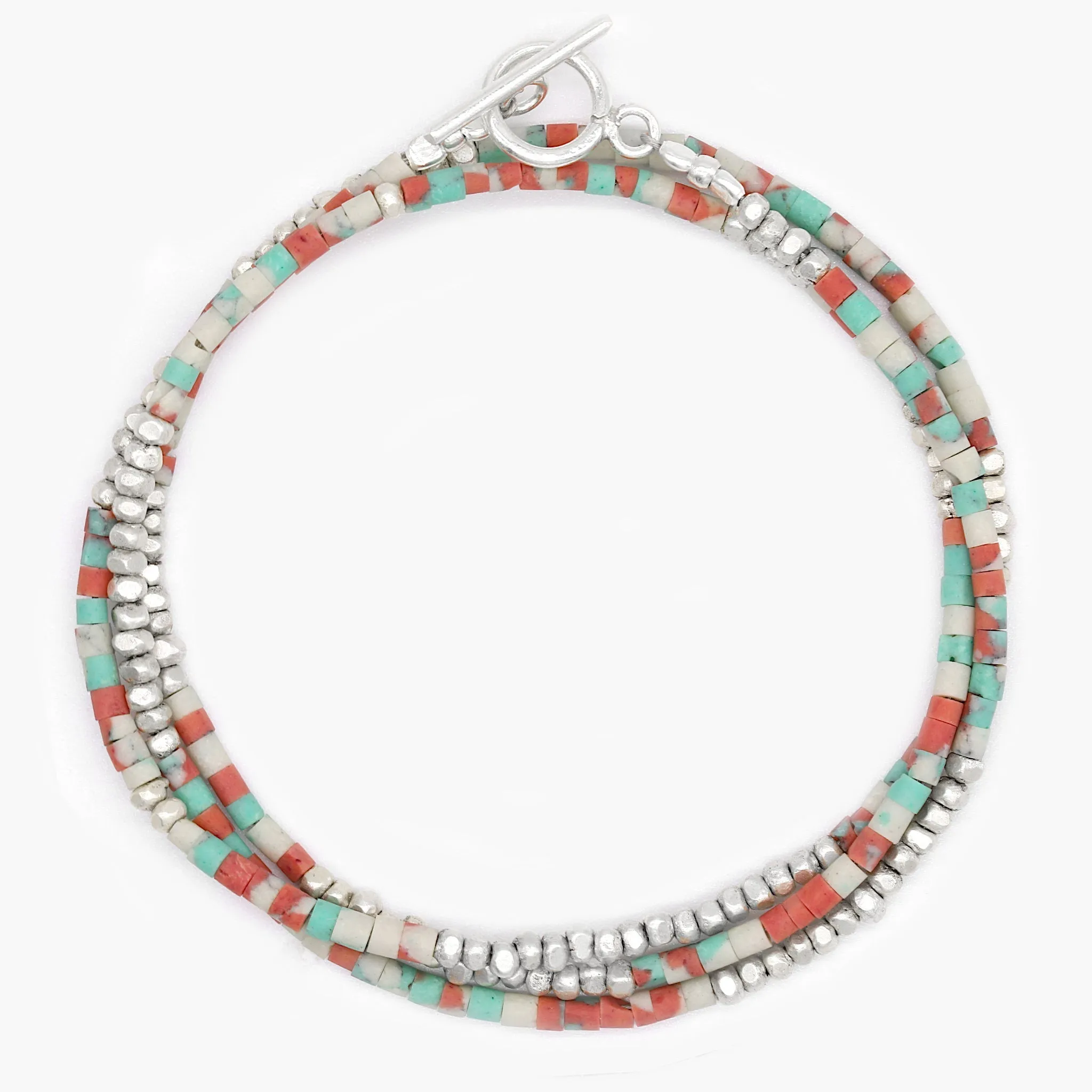 3 Laps Bracelet With Afghani And Sterling Silver Beads