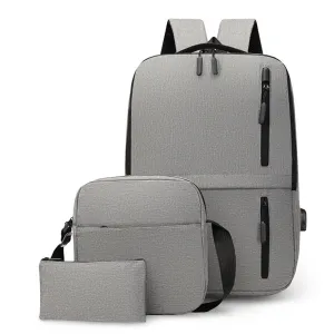 3-Piece Set Large Capacity Laptop Backpack Fits up to 15.6 Inch Laptop with USB Charging Port Grey