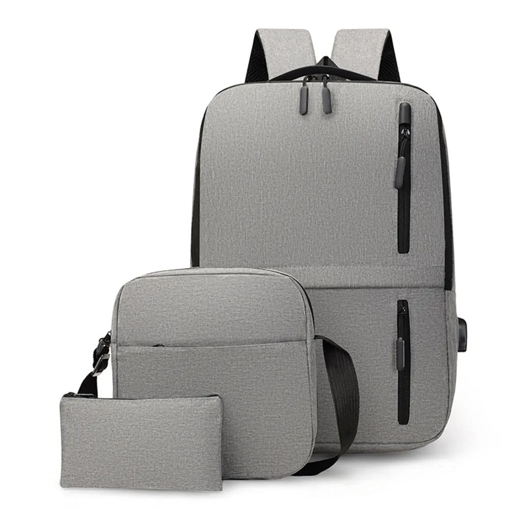3-Piece Set Large Capacity Laptop Backpack Fits up to 15.6 Inch Laptop with USB Charging Port Grey