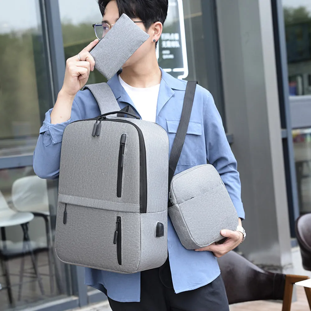 3-Piece Set Large Capacity Laptop Backpack Fits up to 15.6 Inch Laptop with USB Charging Port Grey