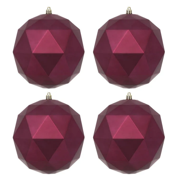 6" Berry Red Matte Geometric Balls Ornaments 4 Per Bag