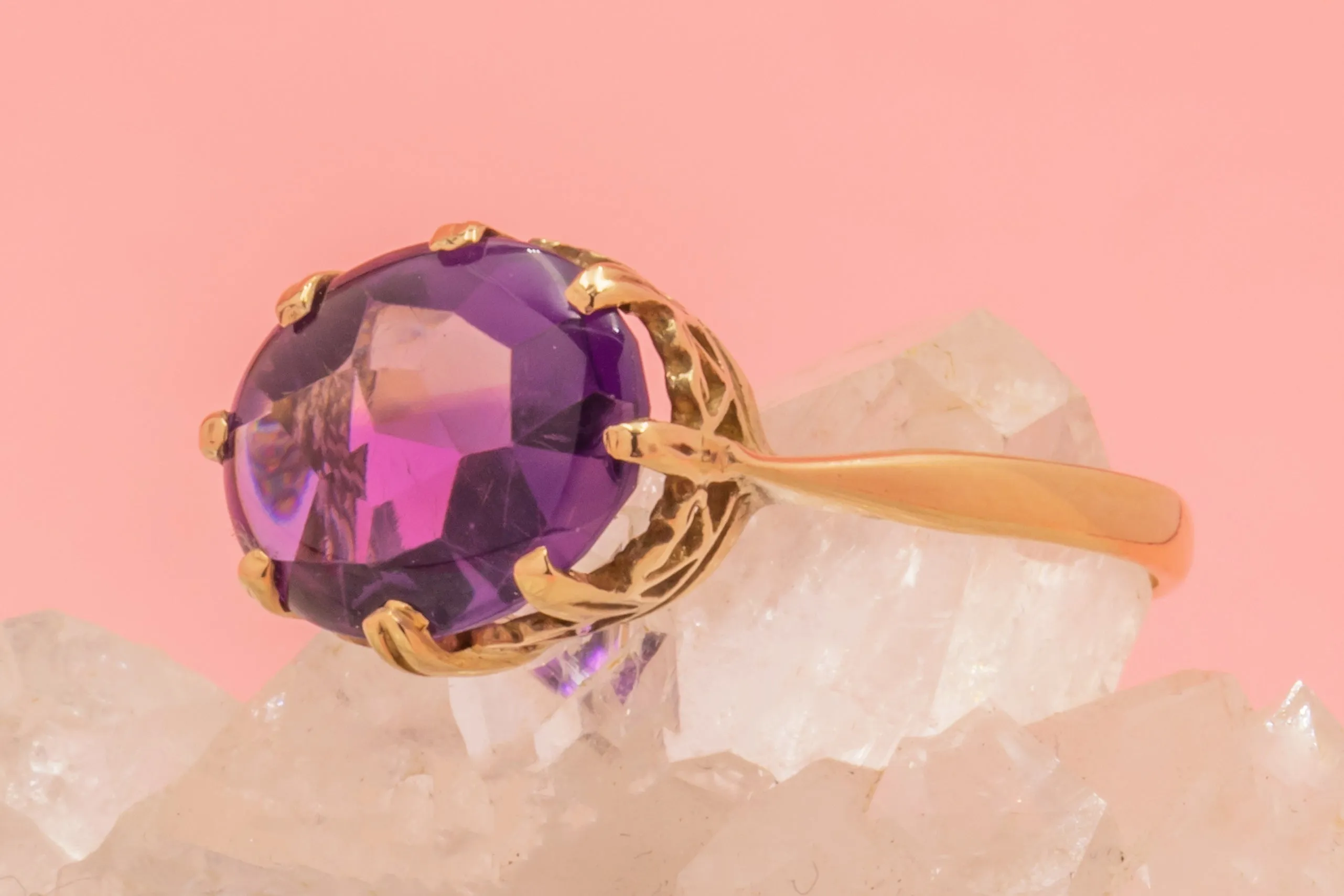 9ct Gold Amethyst Buff-Top Ring, Heart Settings