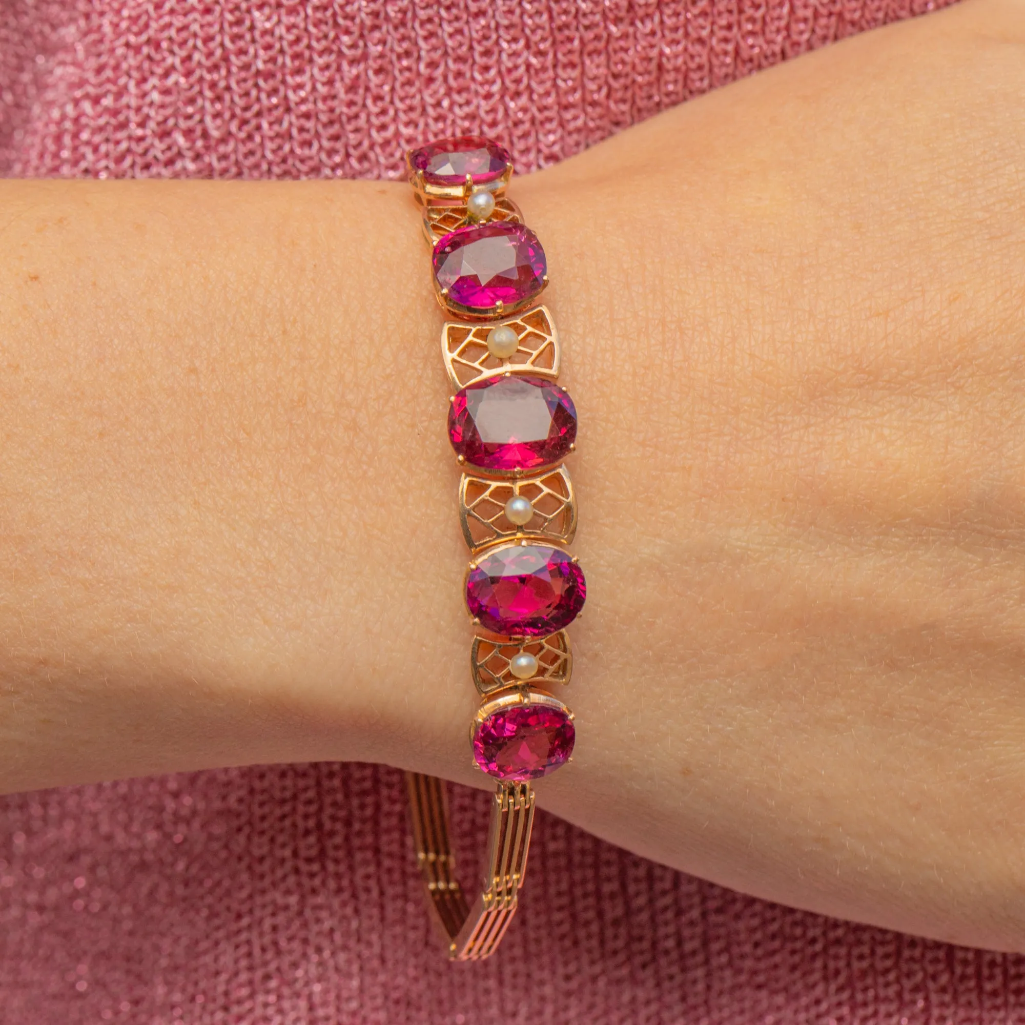 Antique 15ct Gold Pink Tourmaline Pearl Bracelet 8.00ct