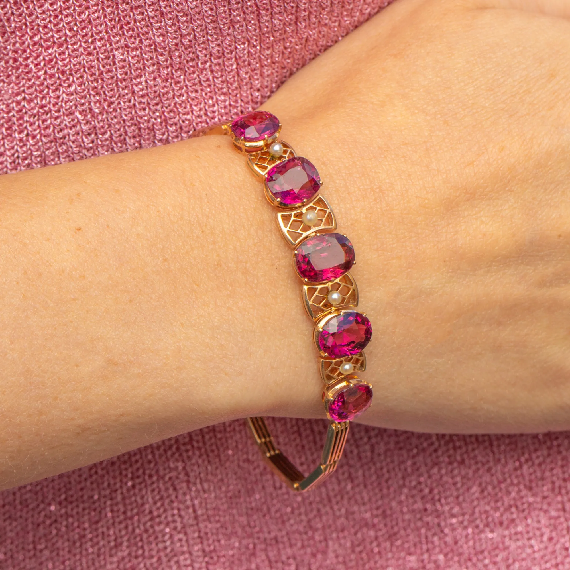 Antique 15ct Gold Pink Tourmaline Pearl Bracelet 8.00ct