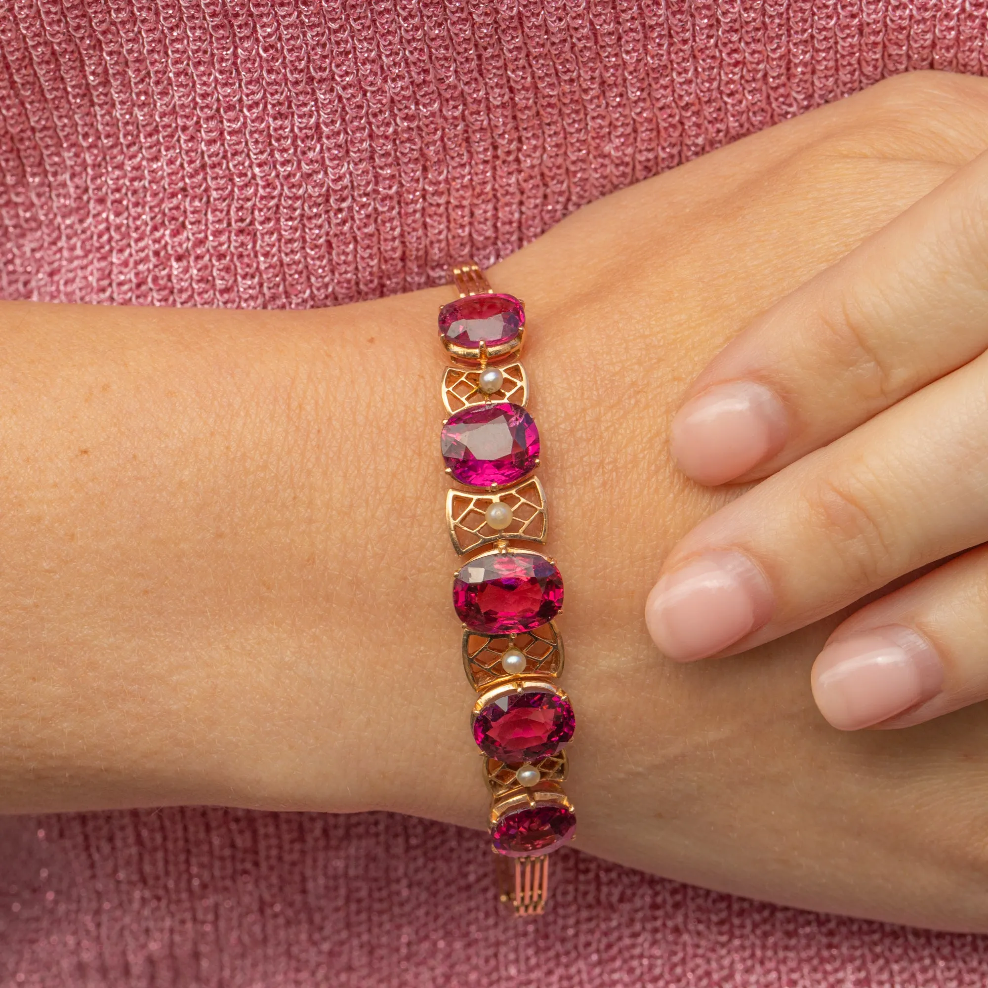 Antique 15ct Gold Pink Tourmaline Pearl Bracelet 8.00ct