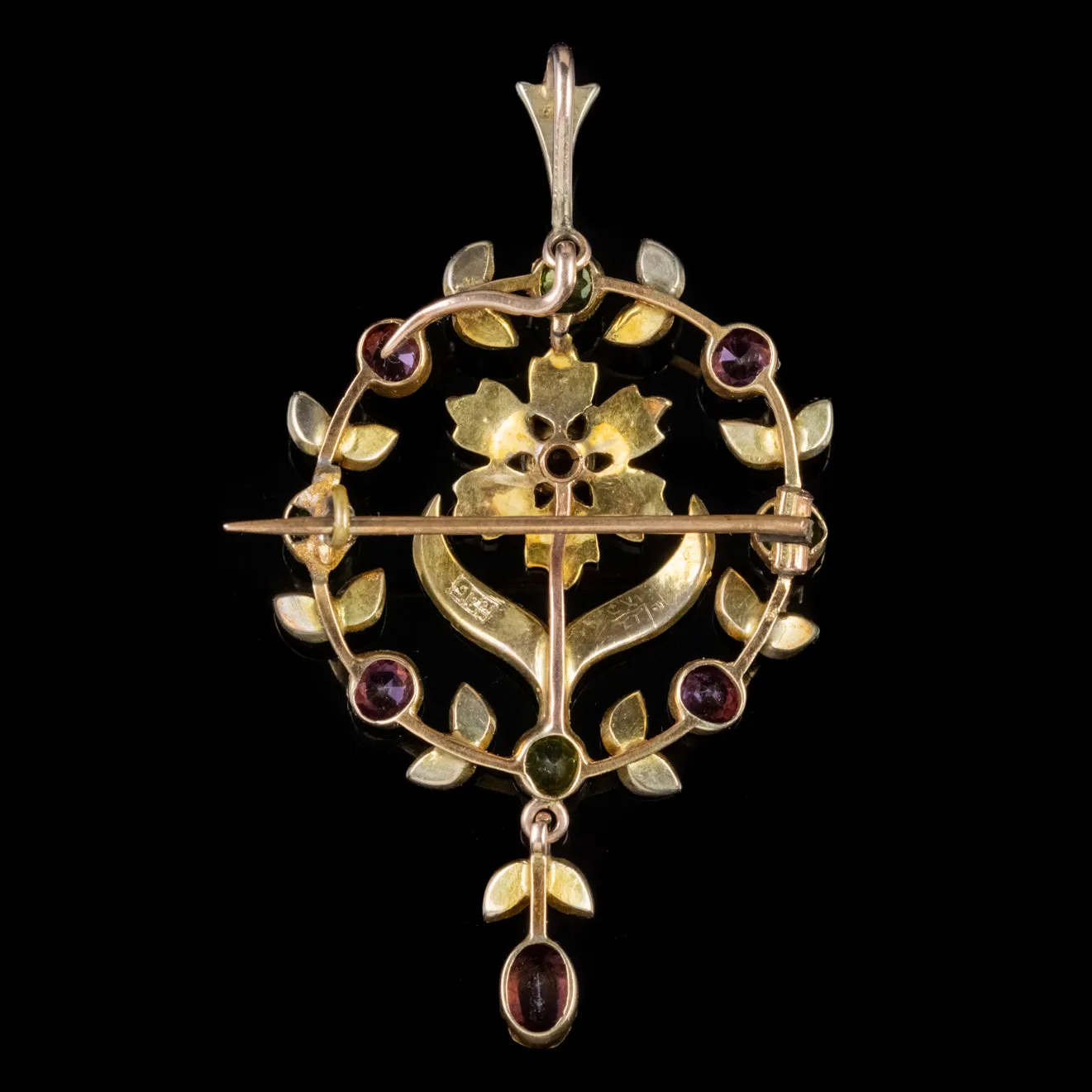 Antique Edwardian Suffragette Pendant Peridot Pearl Amethyst 9Ct Gold Circa 1910
