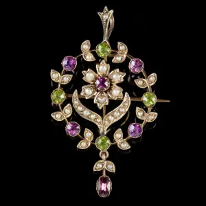 Antique Edwardian Suffragette Pendant Peridot Pearl Amethyst 9Ct Gold Circa 1910