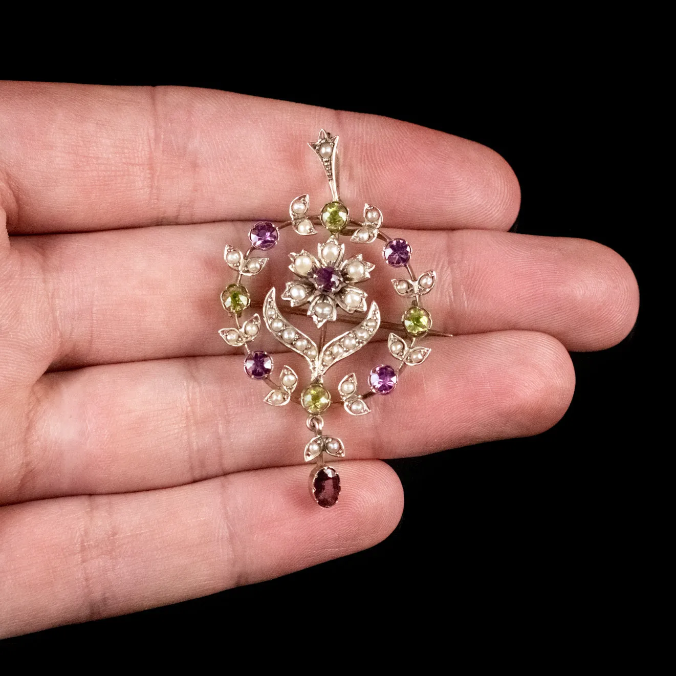 Antique Edwardian Suffragette Pendant Peridot Pearl Amethyst 9Ct Gold Circa 1910