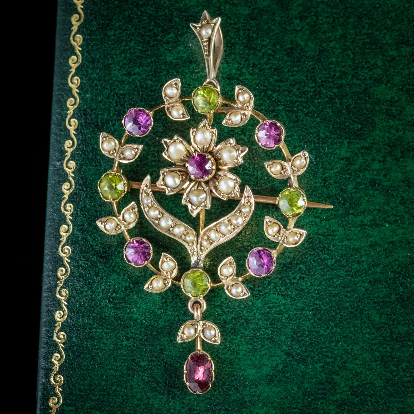 Antique Edwardian Suffragette Pendant Peridot Pearl Amethyst 9Ct Gold Circa 1910