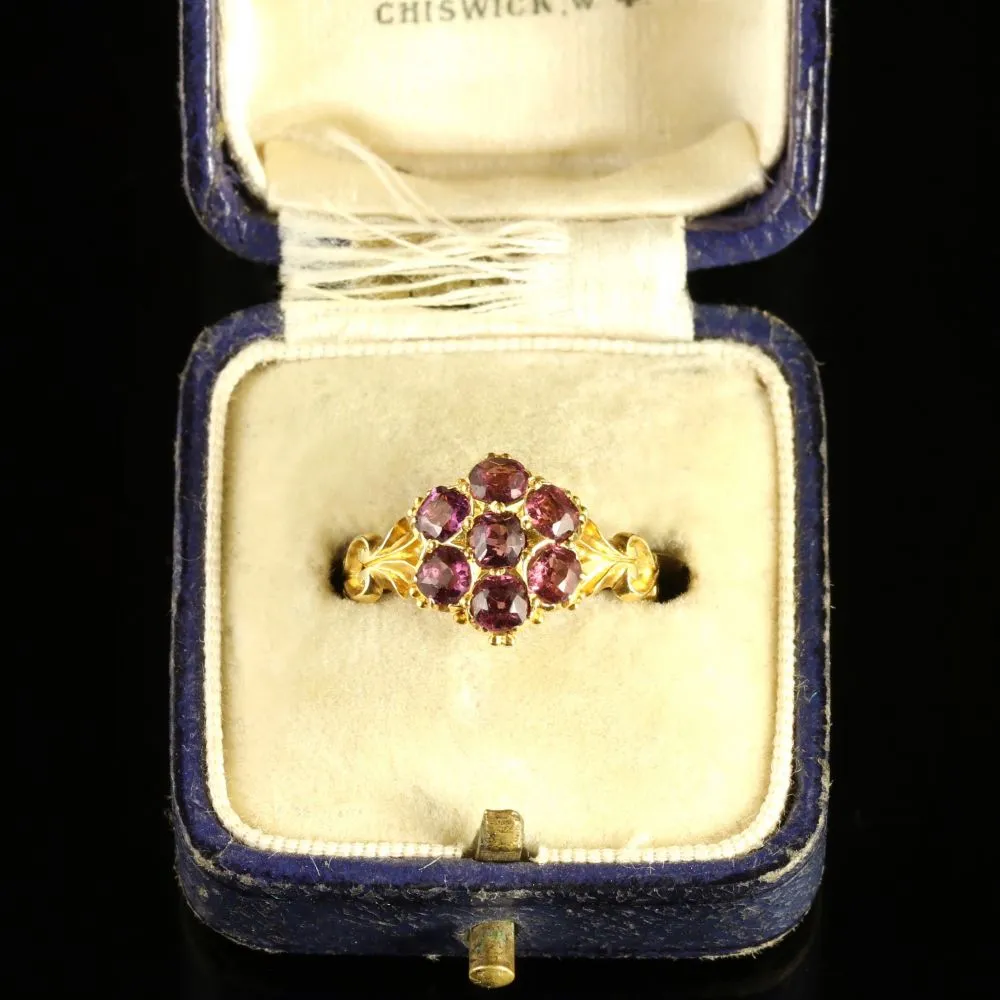 Antique Victorian Almandine Garnet Cluster Ring 18Ct Gold