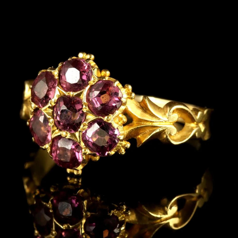 Antique Victorian Almandine Garnet Cluster Ring 18Ct Gold