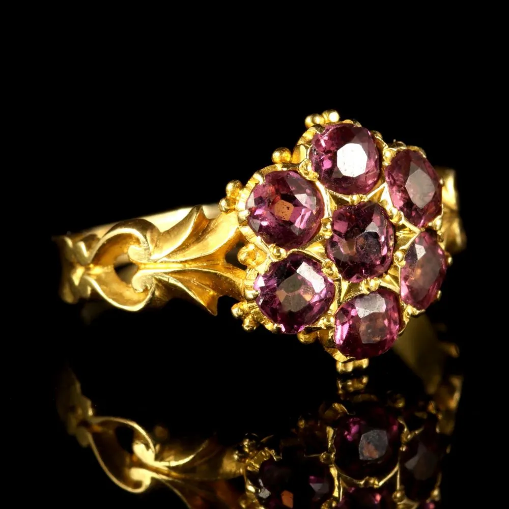 Antique Victorian Almandine Garnet Cluster Ring 18Ct Gold