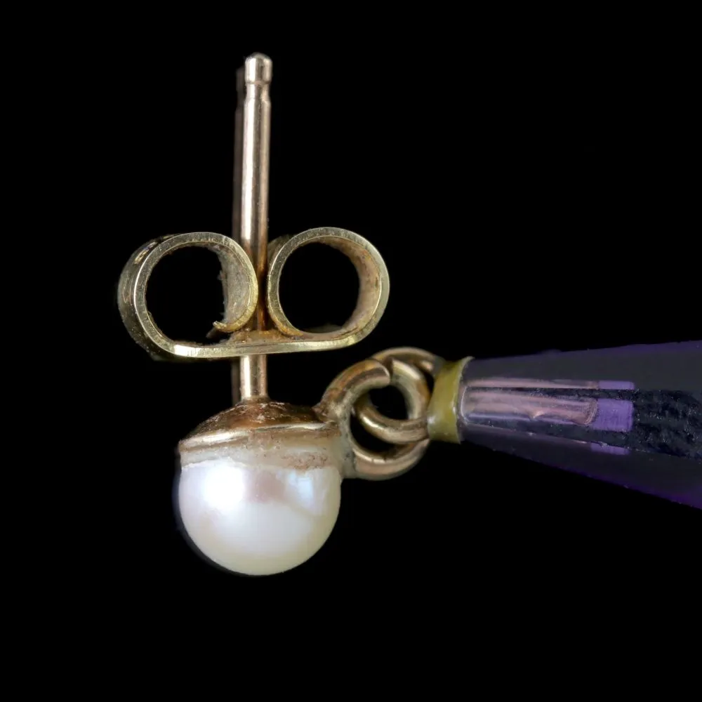 Antique Victorian Amethyst Earrings 18Ct Gold Pearl Circa 1900