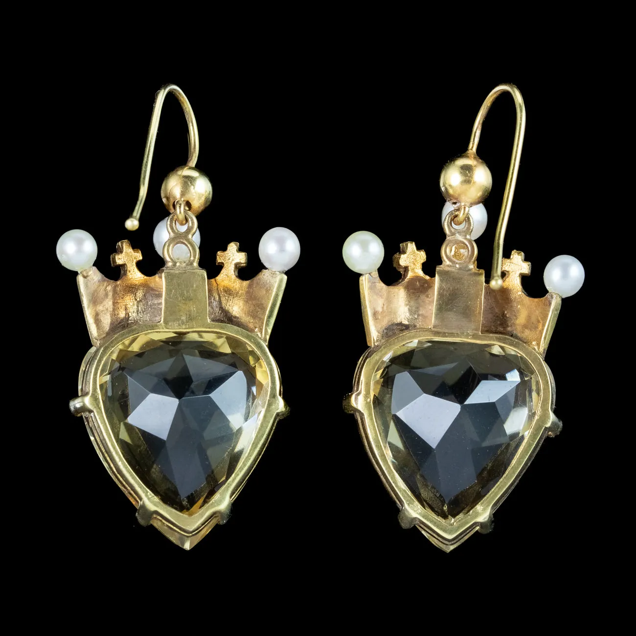 Antique Victorian Citrine Heart Pearl Crown Earrings 15ct Gold