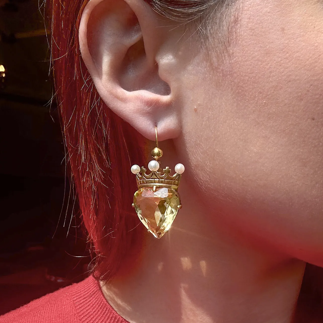 Antique Victorian Citrine Heart Pearl Crown Earrings 15ct Gold