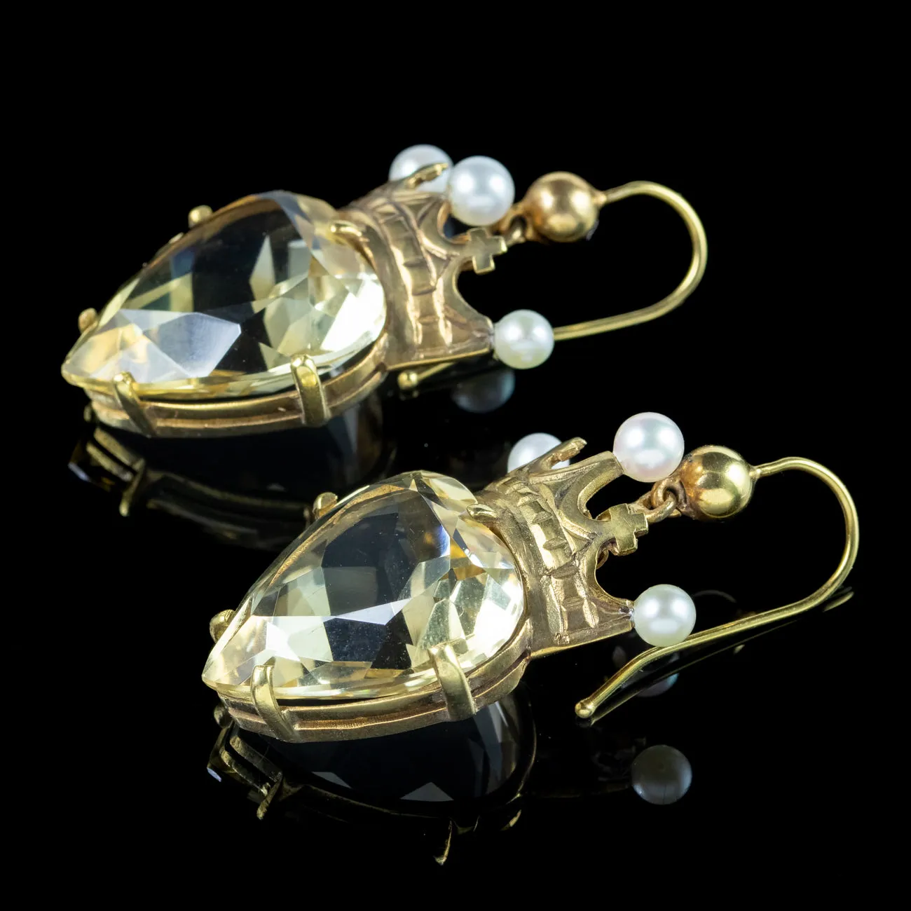 Antique Victorian Citrine Heart Pearl Crown Earrings 15ct Gold
