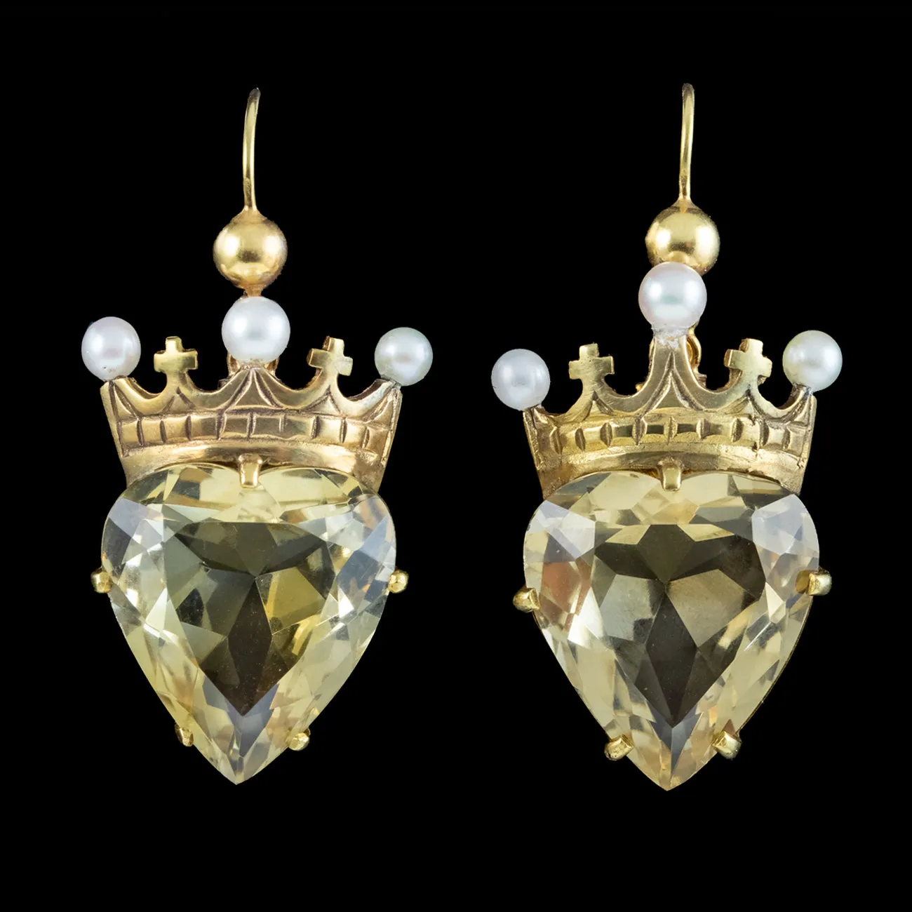 Antique Victorian Citrine Heart Pearl Crown Earrings 15ct Gold
