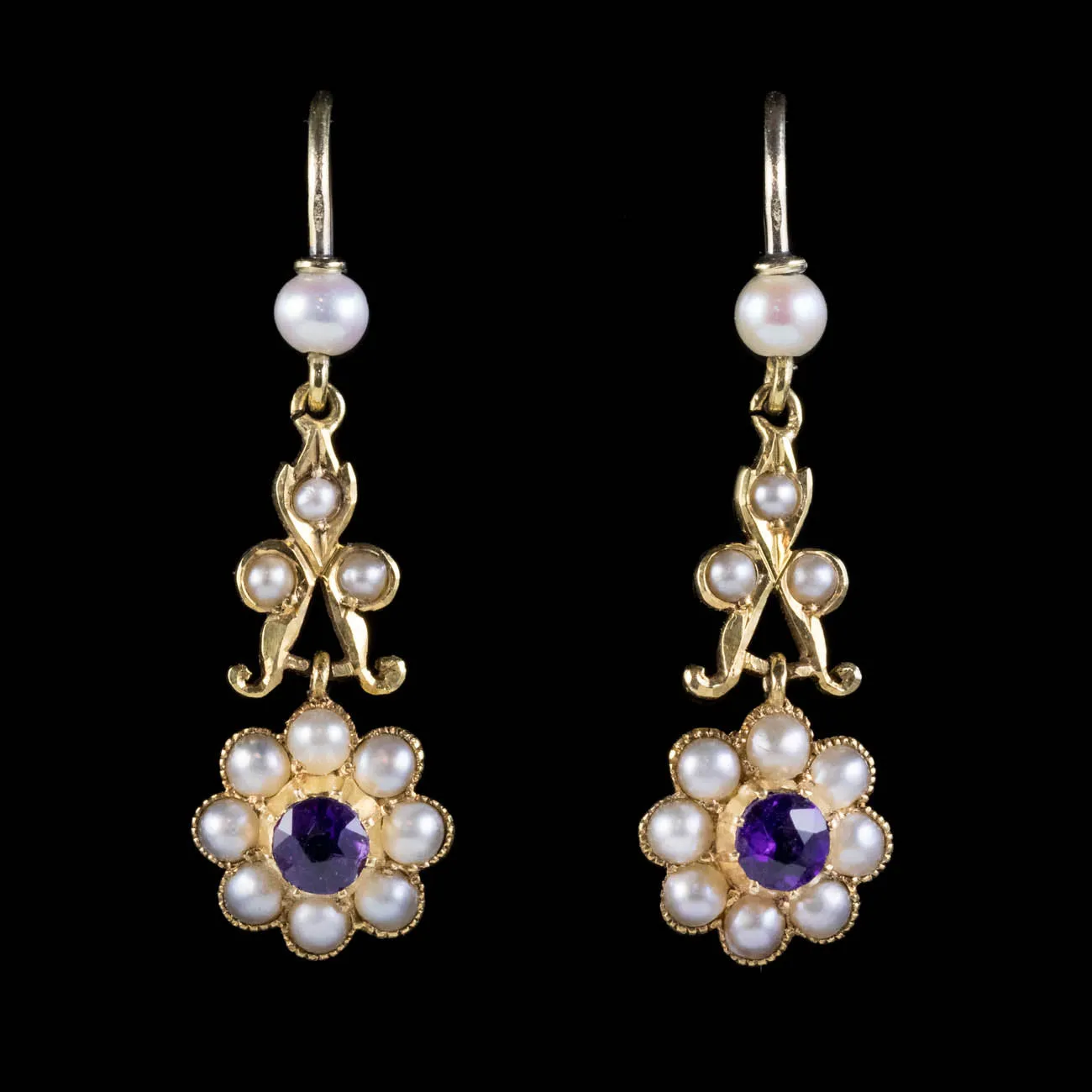 Antique Victorian Floral Amethyst Pearl Cluster Drop Earrings 18Ct Gold Circa 1900