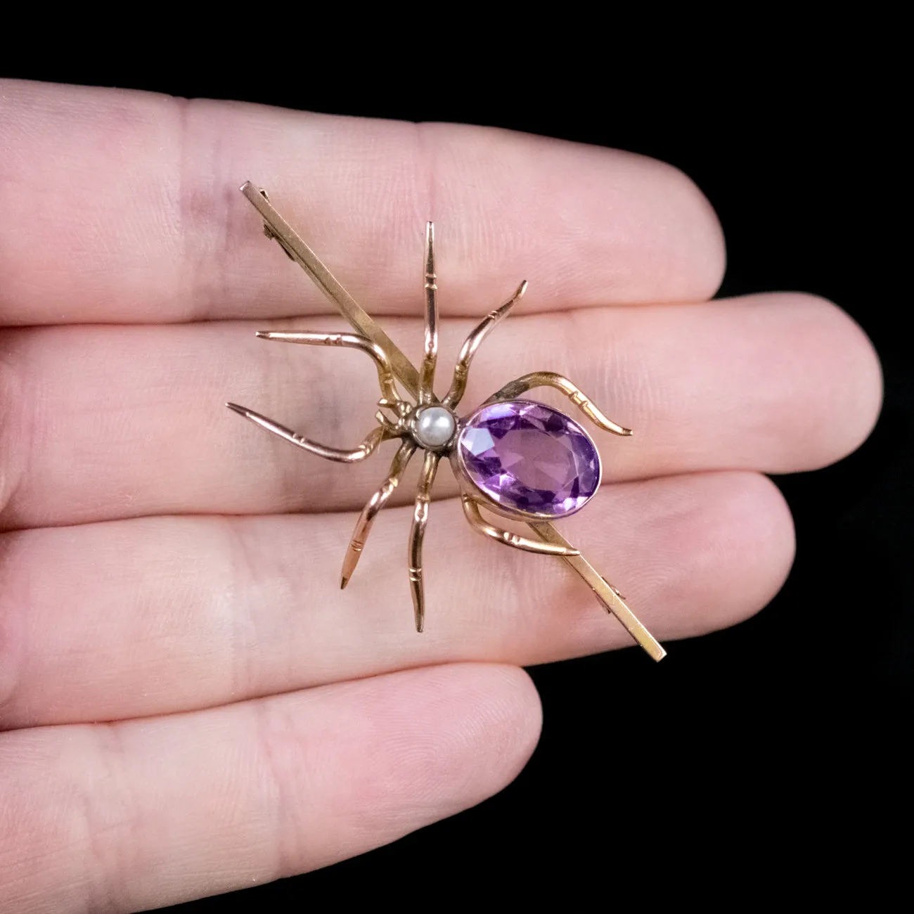 Antique Victorian Gold Spider Brooch Amethyst Pearl 9Ct Gold Circa 1900