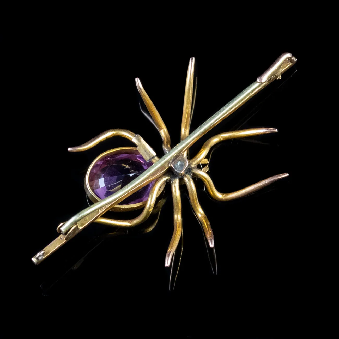Antique Victorian Gold Spider Brooch Amethyst Pearl 9Ct Gold Circa 1900