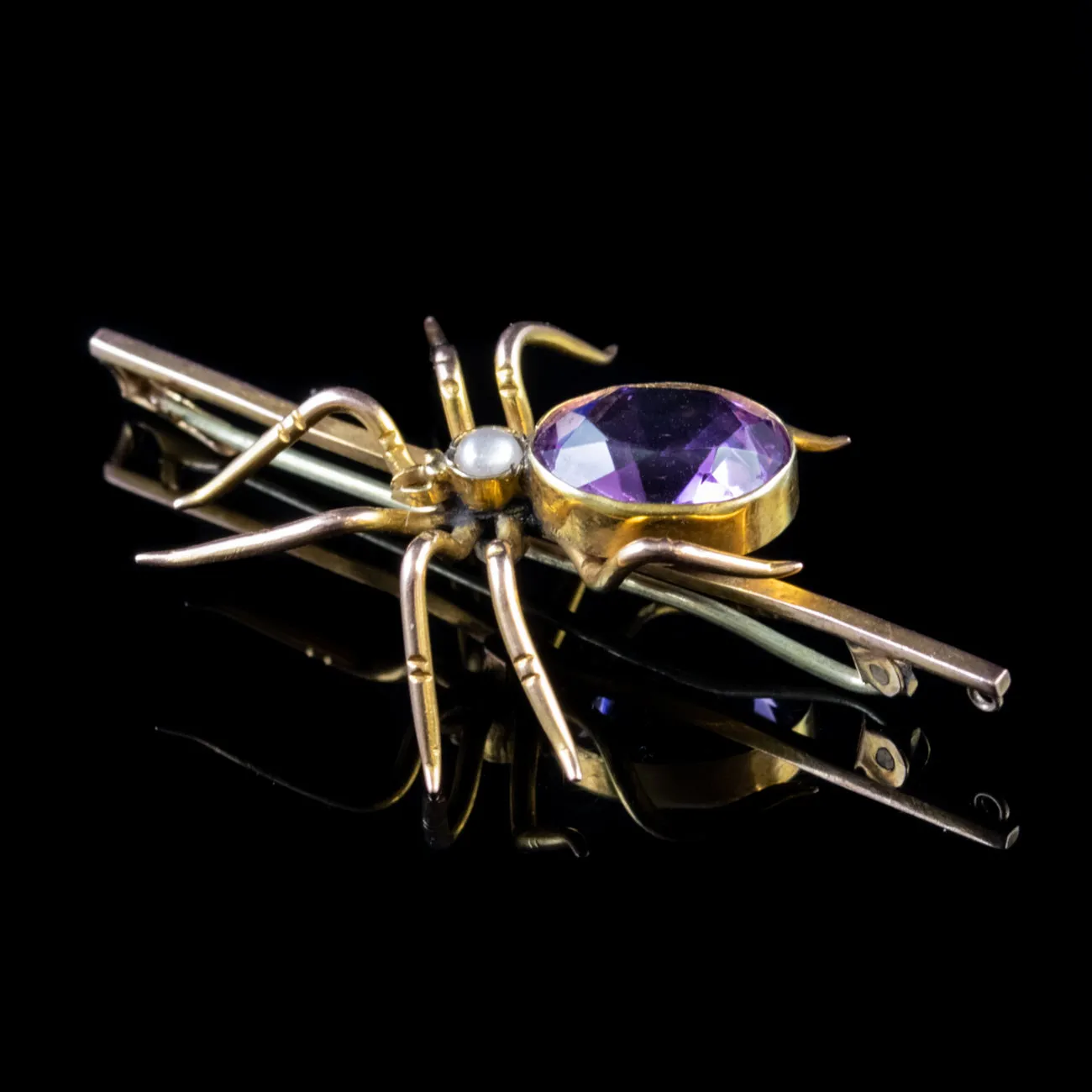 Antique Victorian Gold Spider Brooch Amethyst Pearl 9Ct Gold Circa 1900