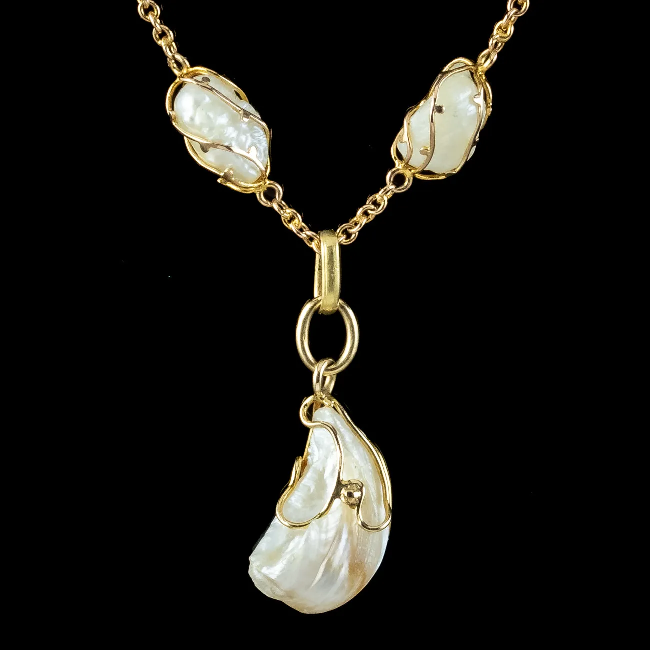 Antique Victorian Natural Baroque Pearl Pendant Necklace 15ct Gold