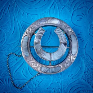 Antique Victorian Scottish Montrose Agate Horseshoe Brooch Silver Circa 1860