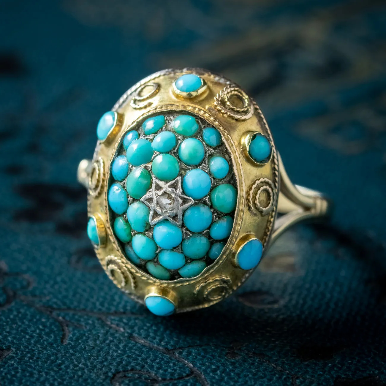 Antique Victorian Turquoise Diamond Etruscan Ring