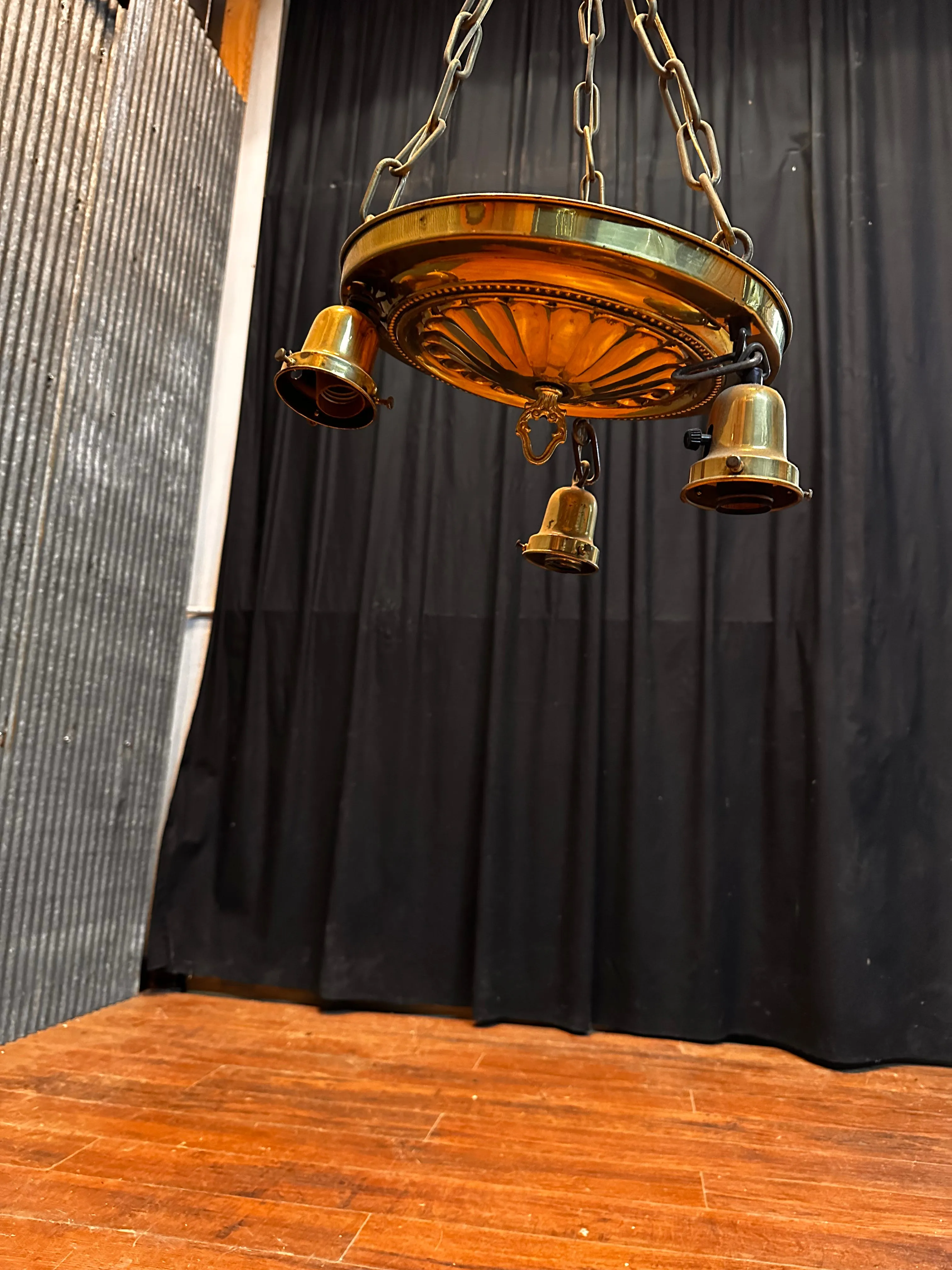 ART DECO BRASS TRIPLE-LIGHT HANGING PAN -STYLE FIXTURE GA10041