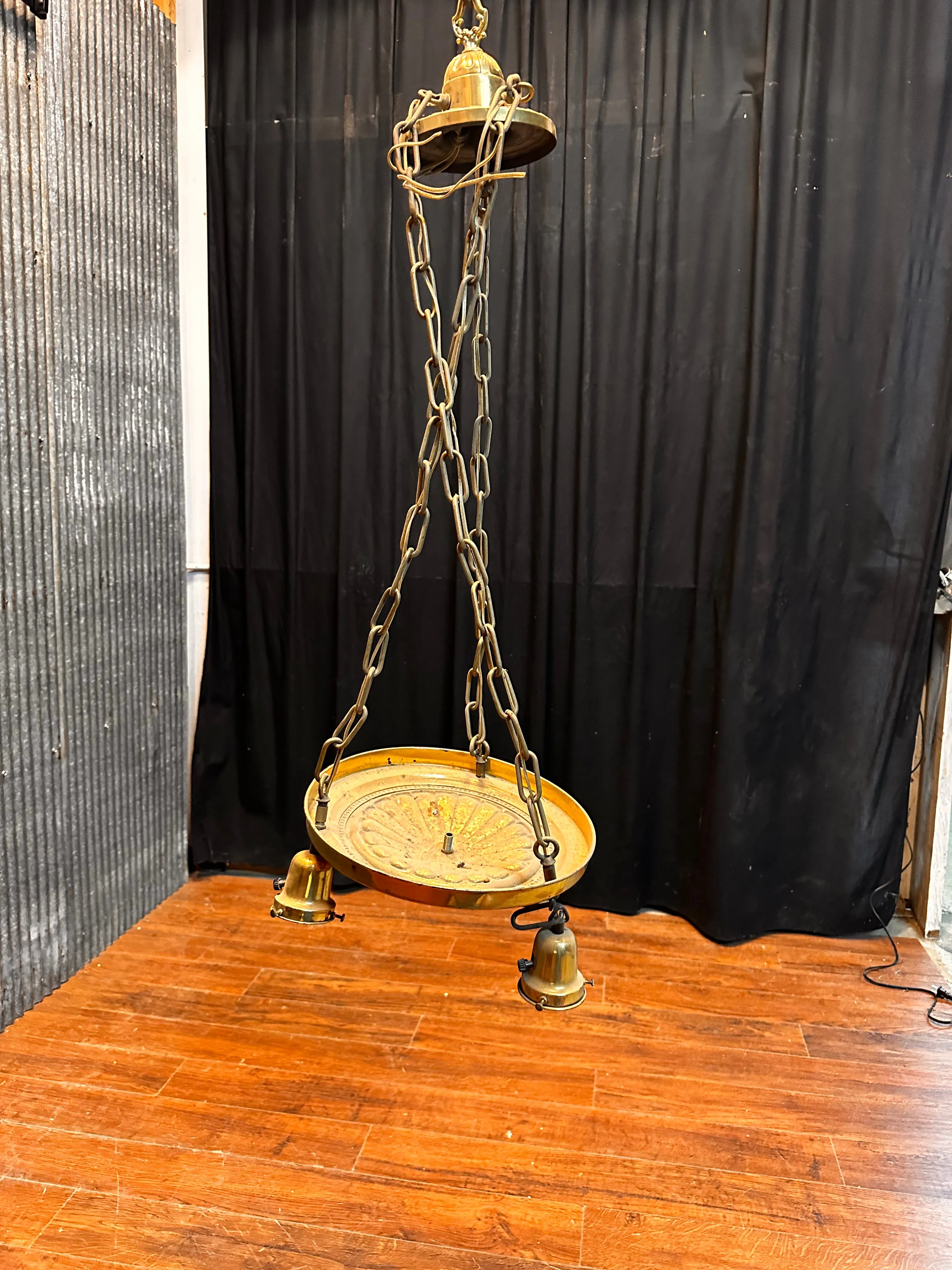 ART DECO BRASS TRIPLE-LIGHT HANGING PAN -STYLE FIXTURE GA10041