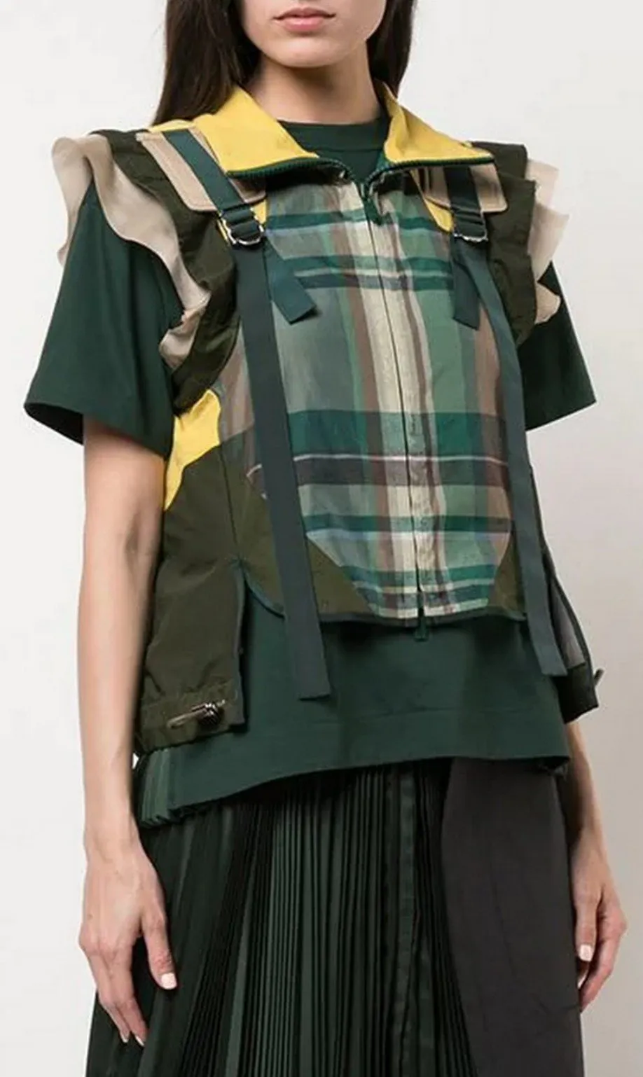 Buckled Paneled Checked Shirt, Green/Yellow