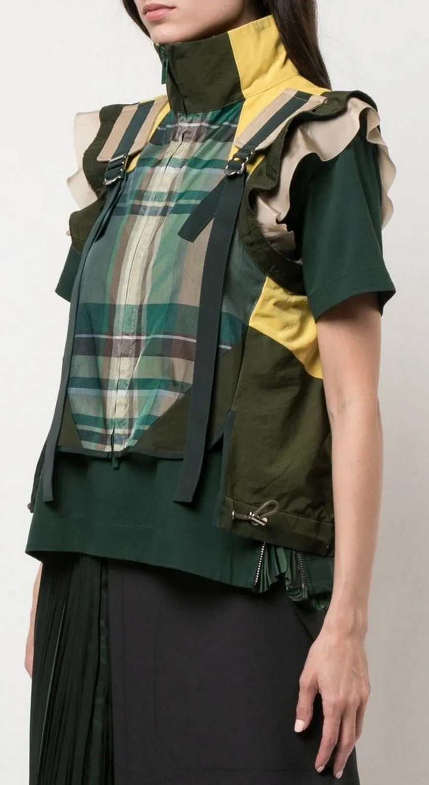 Buckled Paneled Checked Shirt, Green/Yellow
