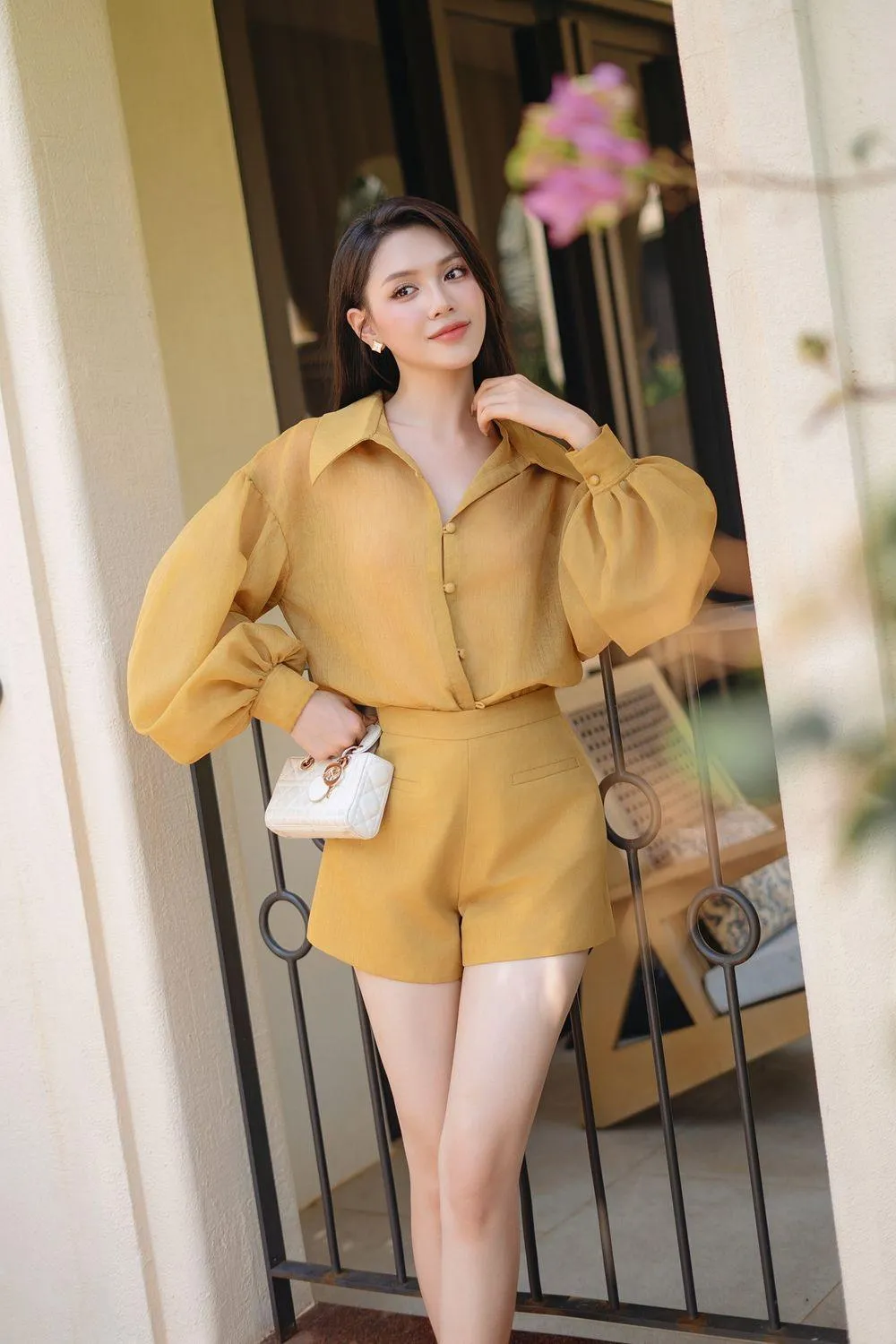 Dhara Straight Bishop Sleeved Organza Shirt