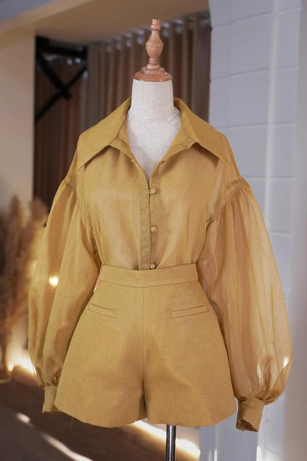 Dhara Straight Bishop Sleeved Organza Shirt