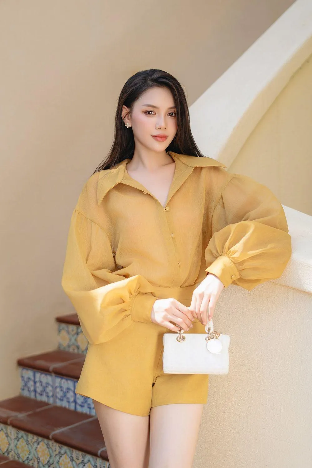 Dhara Straight Bishop Sleeved Organza Shirt