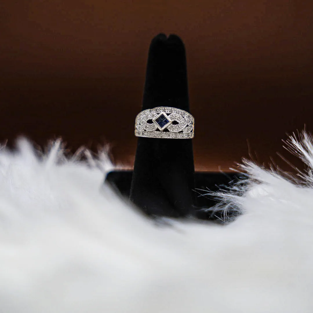 Diamonds Ring 14K White Gold With Sapphire / 2.2gr / Size 7.5