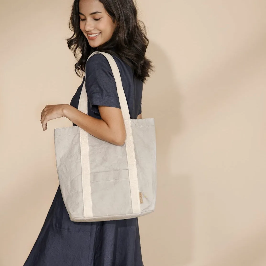 Ella Grey Tote Bag made from Washable Paper, an eco-friendly alternative to leather