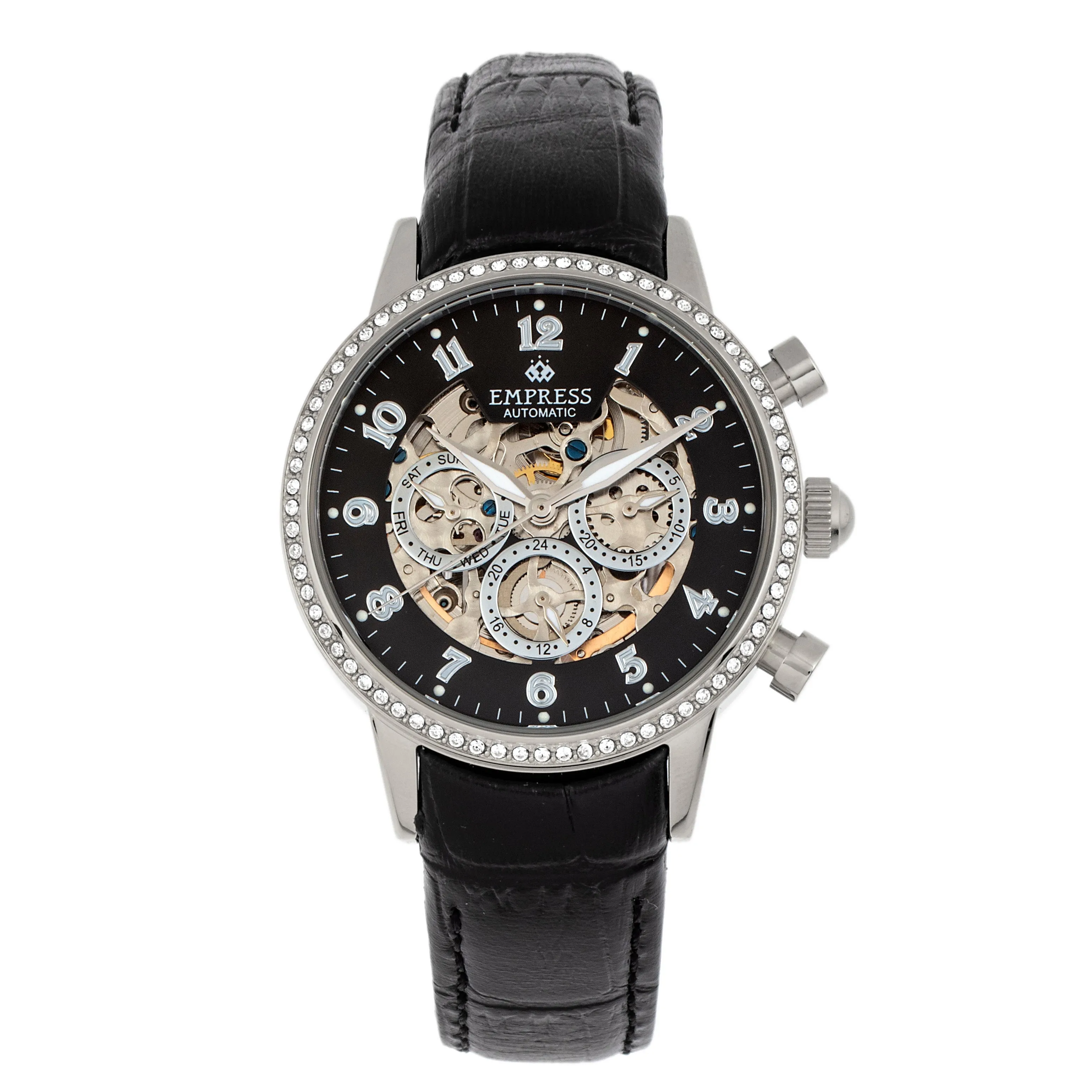 Empress Beatrice Automatic Skeleton Dial Leather-Band Watch w/Day/Date - Silver/Black