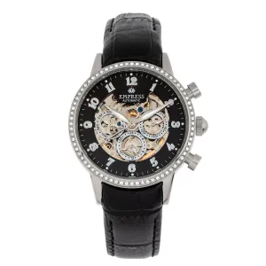 Empress Beatrice Automatic Skeleton Dial Leather-Band Watch w/Day/Date - Silver/Black