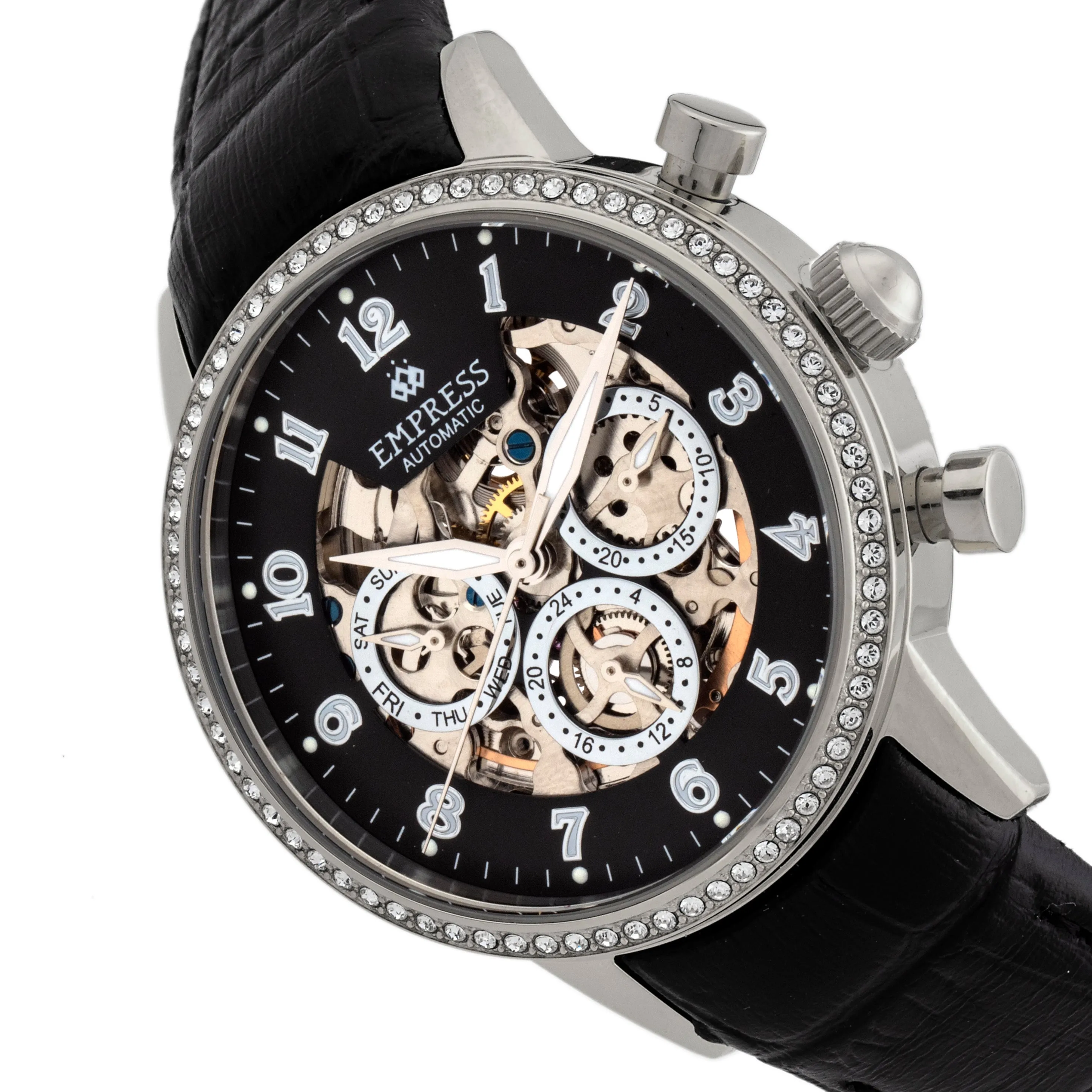 Empress Beatrice Automatic Skeleton Dial Leather-Band Watch w/Day/Date - Silver/Black