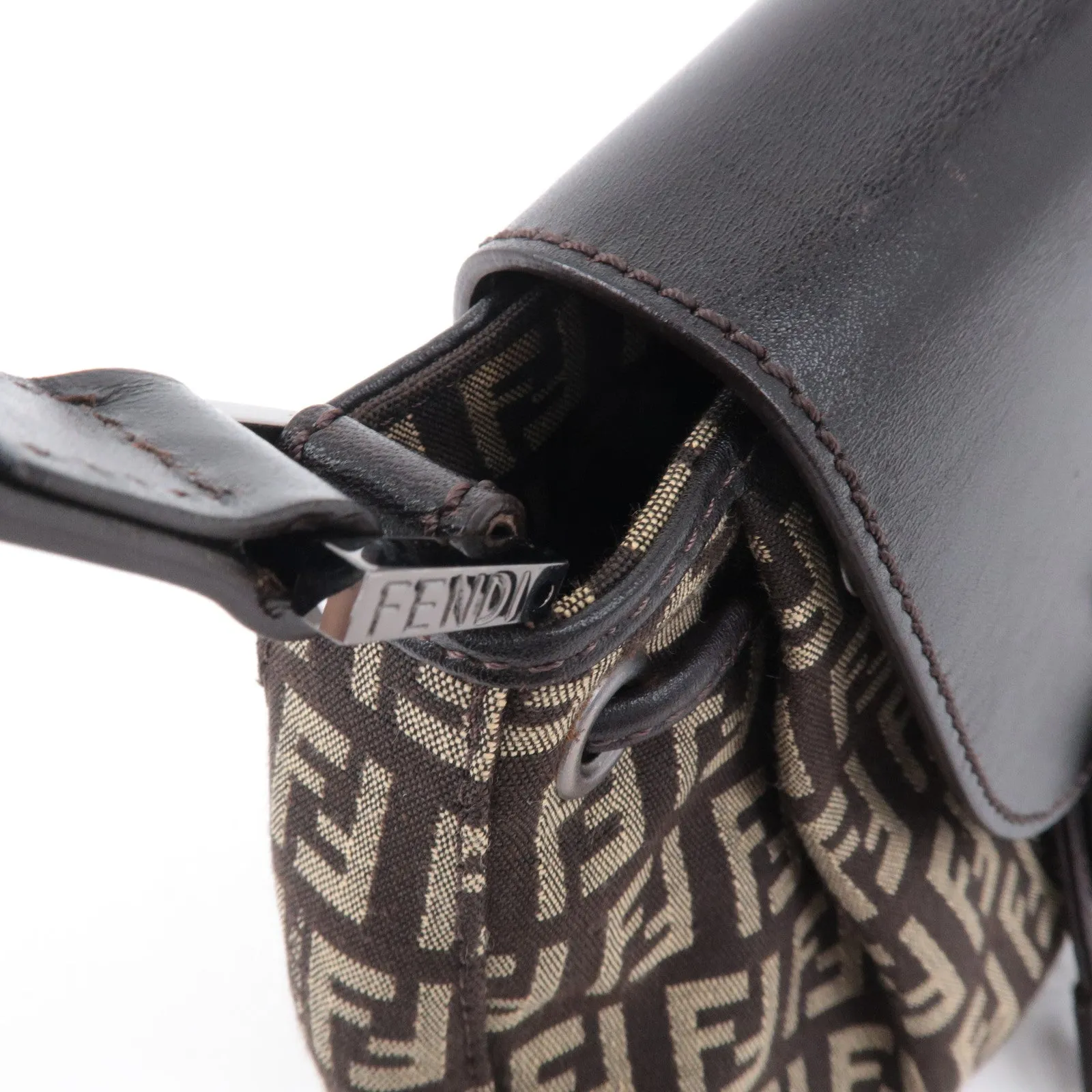 FENDI Zucchino Canvas Leather Shoulder Bag Brown Beige 8BR277