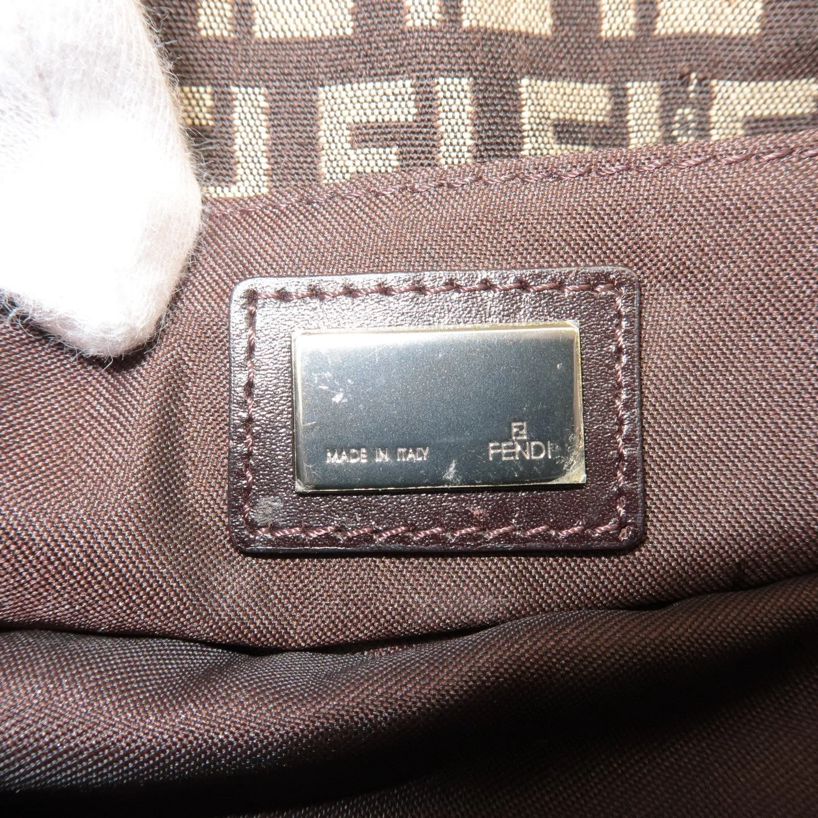 FENDI Zucchino Canvas Leather Shoulder Bag Brown Beige 8BR277