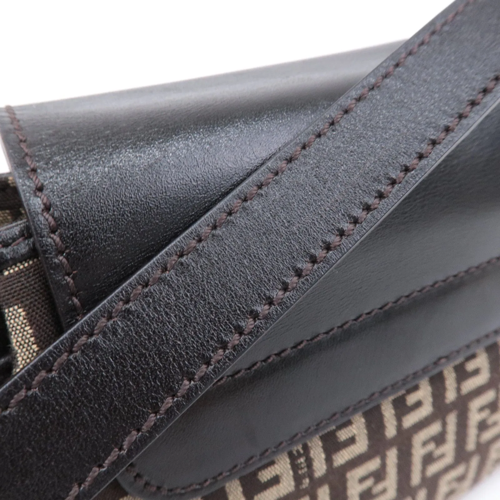 FENDI Zucchino Canvas Leather Shoulder Bag Brown Beige 8BR277
