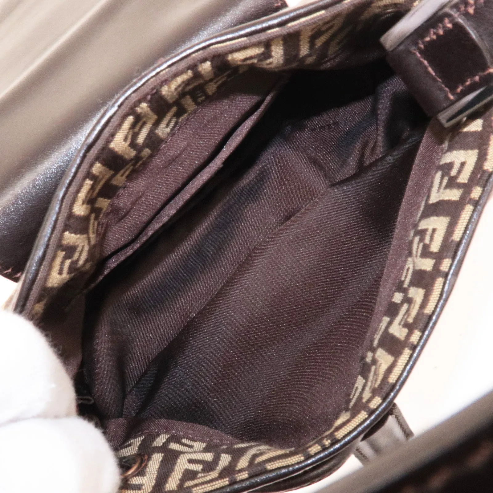 FENDI Zucchino Canvas Leather Shoulder Bag Brown Beige 8BR277